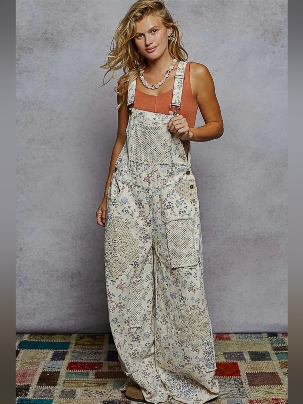 NWT POL Touch of Flowers Crochet Patch Overalls, Cream Floral Patchwork - Picture 6 of 15
